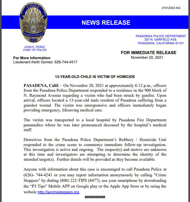 帕萨迪纳十三岁男孩在家中遭流弹击中身亡