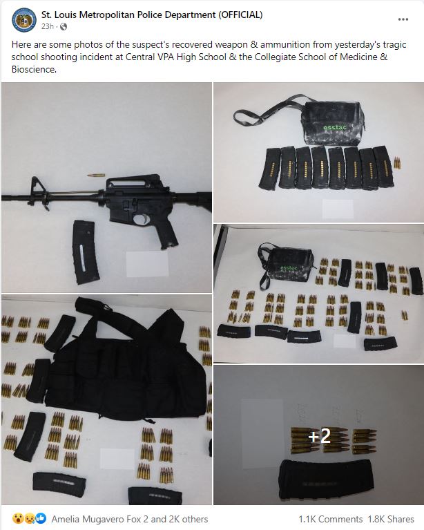 圣路易斯高中枪击案2死7伤 枪手准备了600发子弹