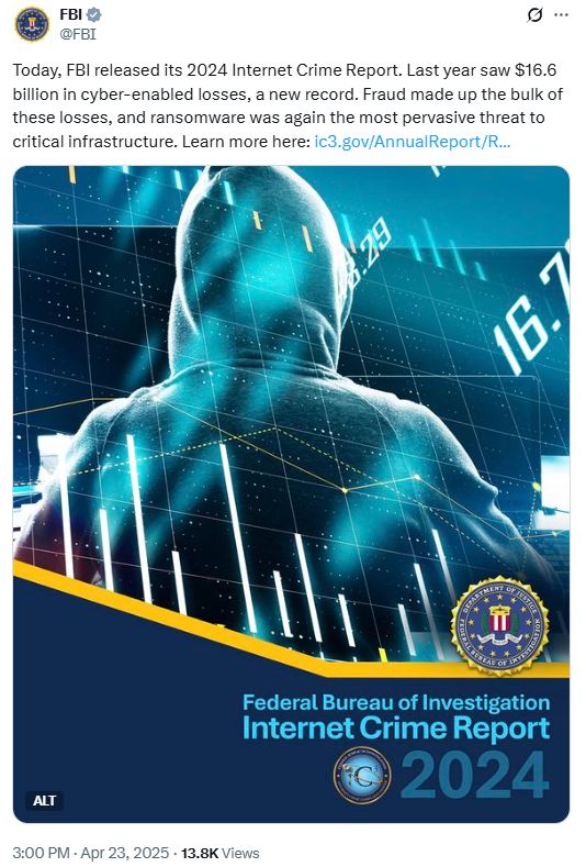FBI：2024年网络犯罪致166亿美元损失创历史之最