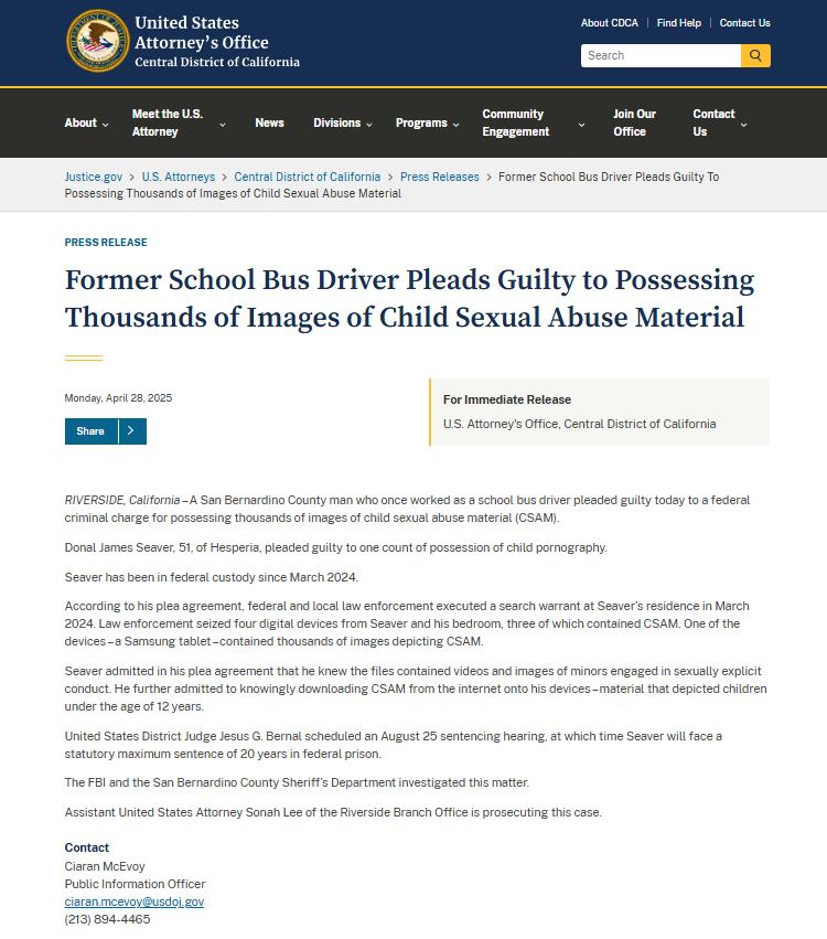 南加州校车司机认罪持有儿童色情制品 最高刑罚20年