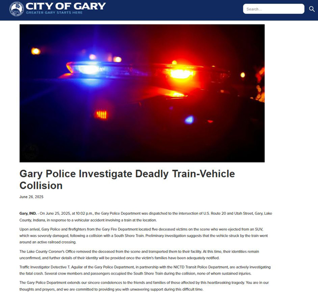 突发！印第安纳州SUV与火车相撞 SUV上五人身亡