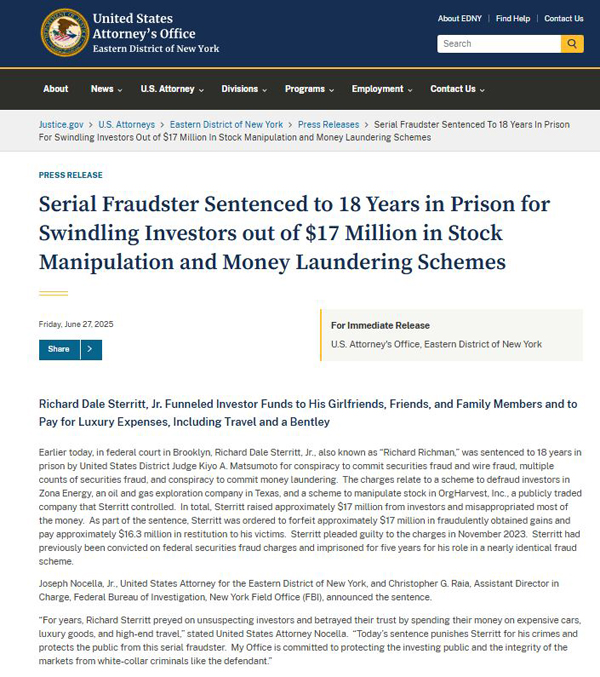 连环诈骗犯诈骗投资者1700万美元 被判处18年监禁