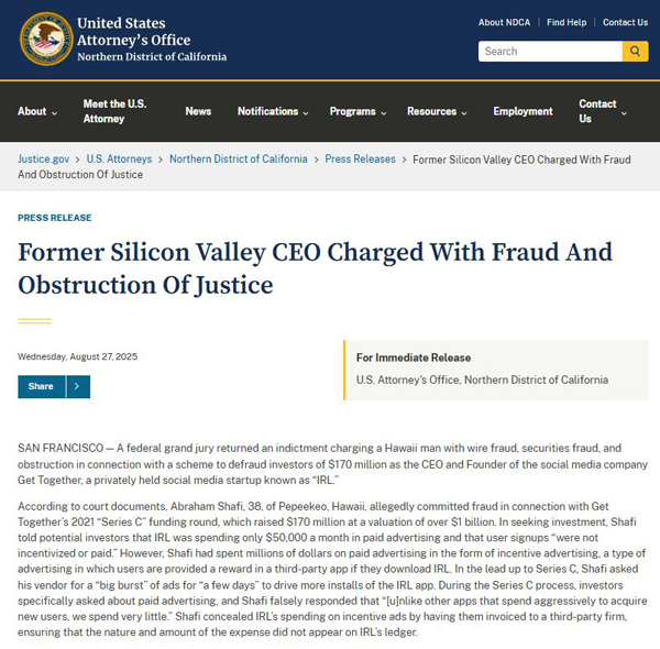 前硅谷CEO被控欺诈1.7亿美元和妨碍司法公正