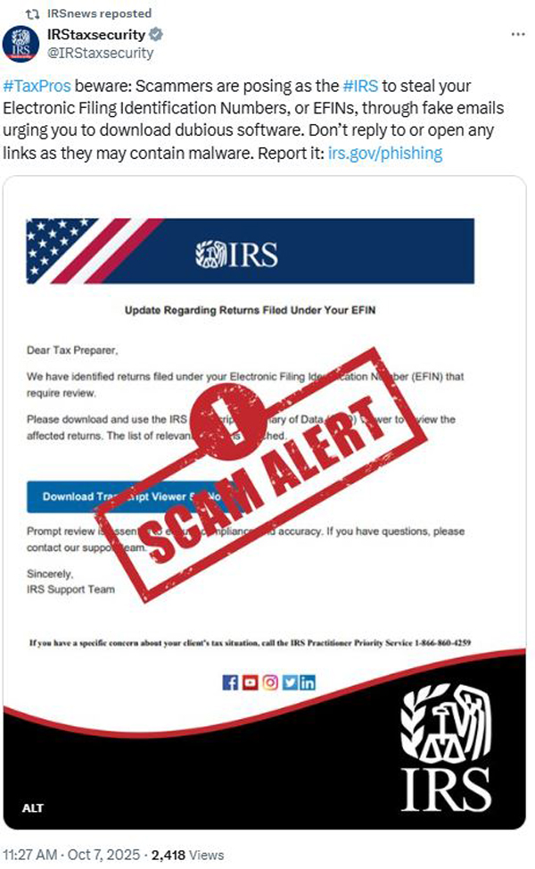 国税局 IRS 欺诈警示：假冒 IRS、窃取 TaxPros 凭证、虚假报税