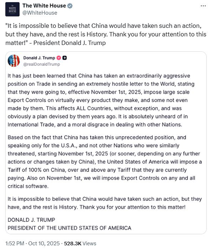 关税战升级：中国稀土和锂电池管制+特朗普加100%关税
