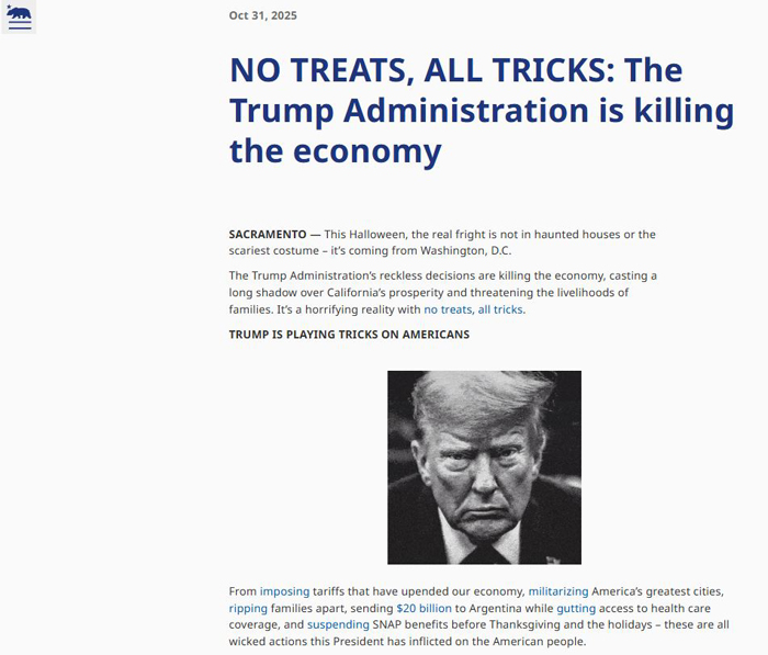 没糖果，只有恶作剧！州长纽森谴责特朗普政府扼杀经济