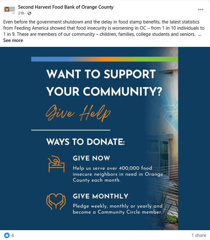 SNAP福利枯竭 尔湾食品银行呼吁爱心企业和人士乐捐