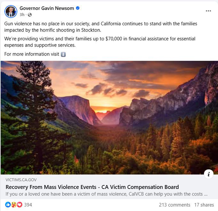 州长纽森：帮助斯托克顿枪击案幸存者和受害者