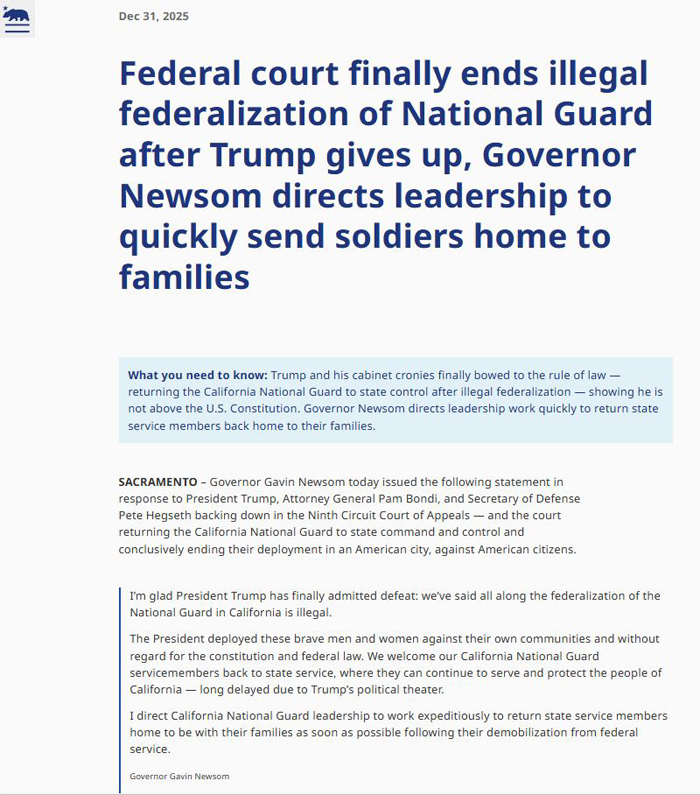 州长纽森：联邦法院最终终止国民警卫队非法联邦化控制