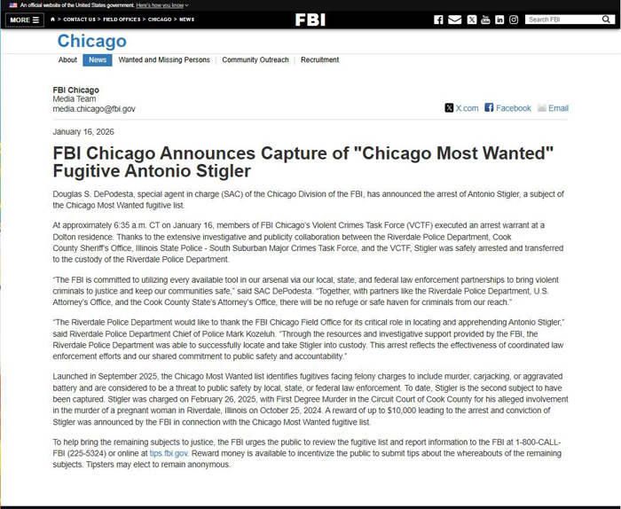 FBI 宣布抓获“芝加哥头号通缉犯”