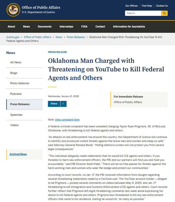 男子在YouTube上威胁杀害联邦特工等人而被起诉