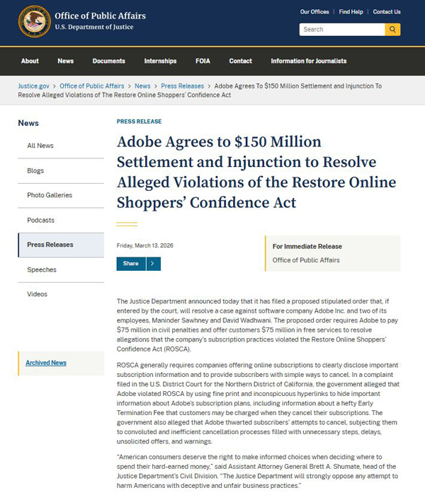 Adobe 同意赔付1.5亿美元以和解订阅服务诉讼