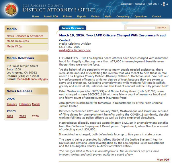 两名洛杉矶市警局（LAPD）警官被指控保险欺诈