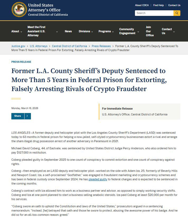 前 LASD 警官因勒索及非法逮捕被判处五年监禁