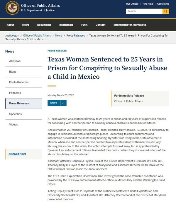 德州女子因密谋在墨西哥性侵儿童被判处25年监禁