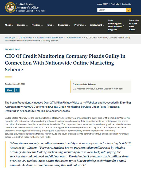 前信用监控公司 CEO 就全美网络营销骗局认罪