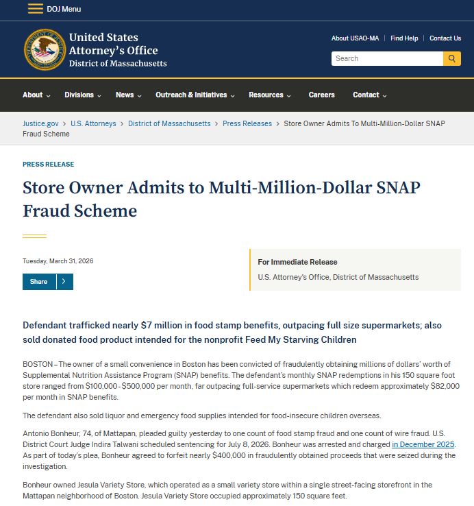 便利店店主认罪涉及数百万美元的SNAP欺诈案