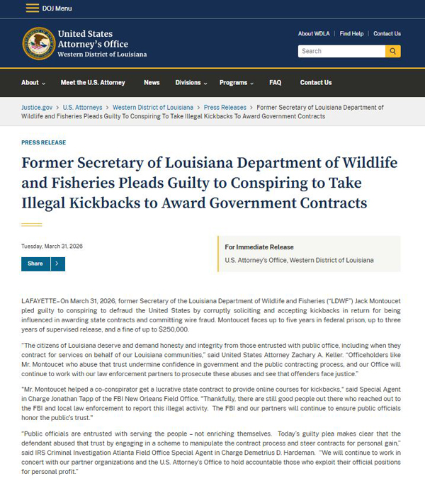 路易斯安那州野生动物与渔业局前局长承认共谋收受非法回扣换取政府合同