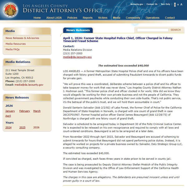 前州立医院警察局长等涉嫌重罪考勤欺诈案被起诉