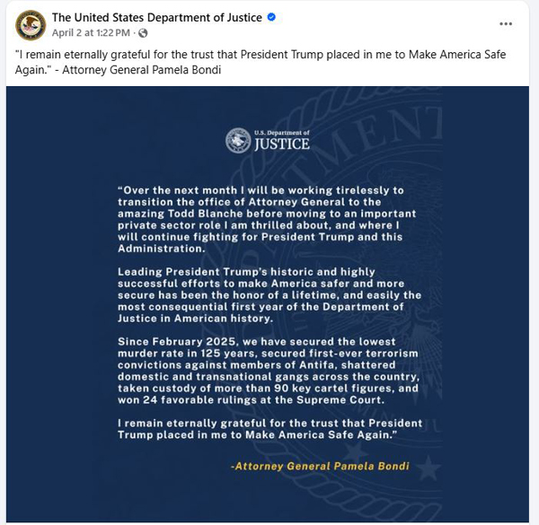 美司法部长邦迪 Pamela Bondi 将离职