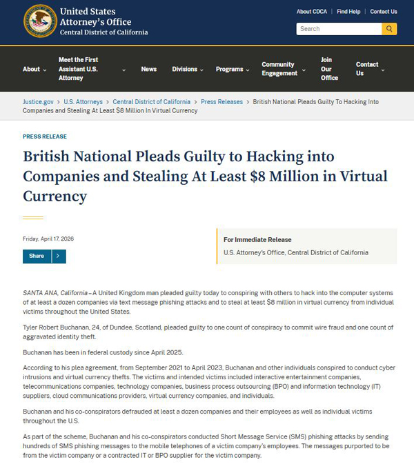 英国公民认罪入侵多家公司并窃取超800万美元虚拟货币